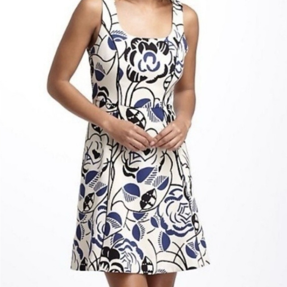 Anthropologie Cream Dress with Blue and Black Floral Print